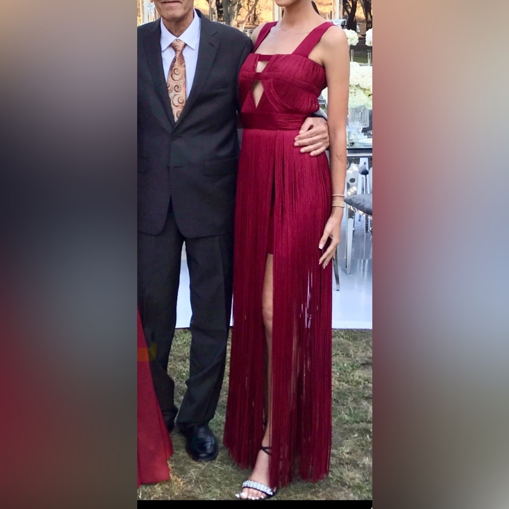 Herve Leger Burgundy Fringe Gown